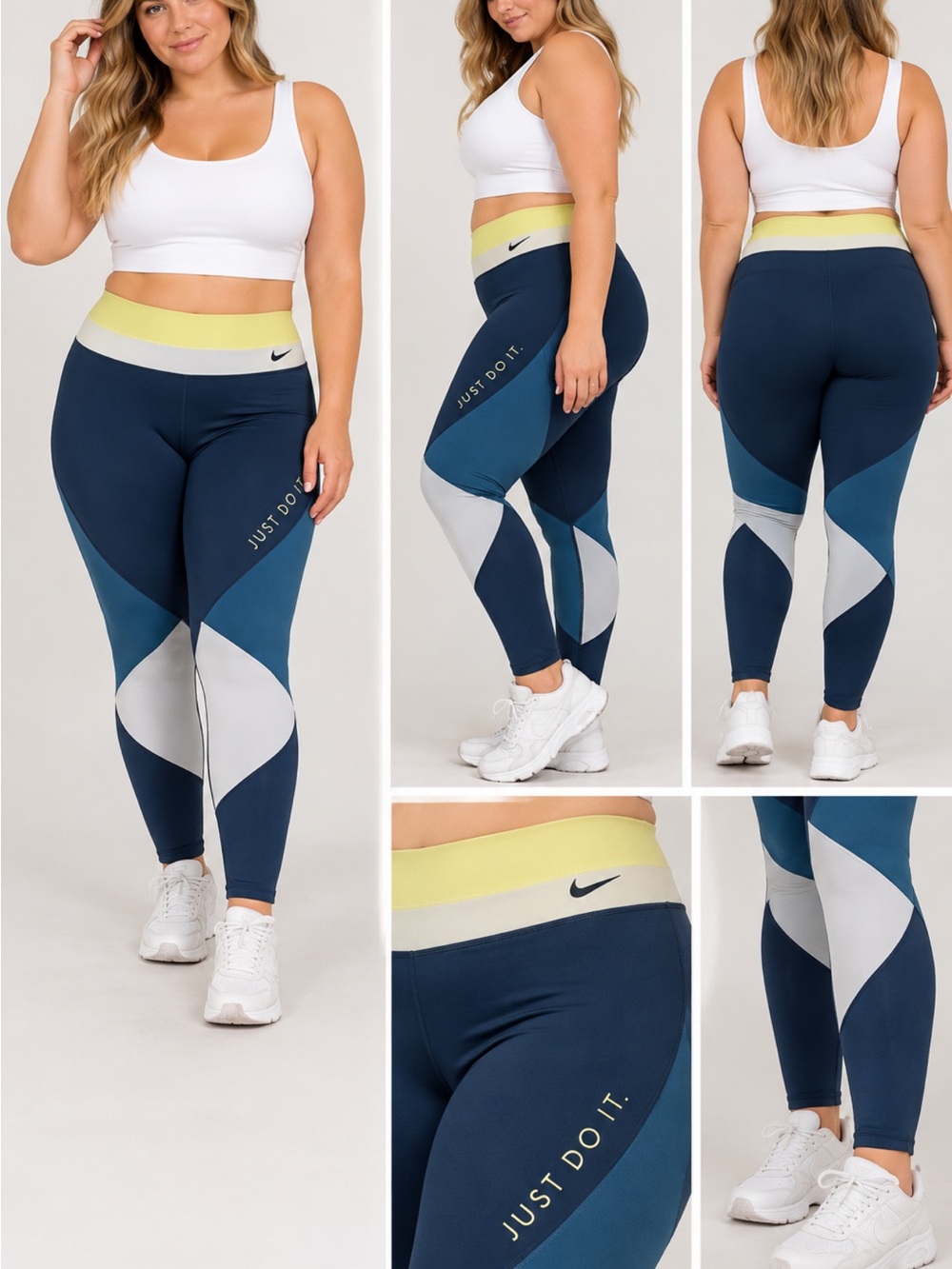 Nike Plus-Size Colorblock Leggings in Navy, Teal, White and Yellow